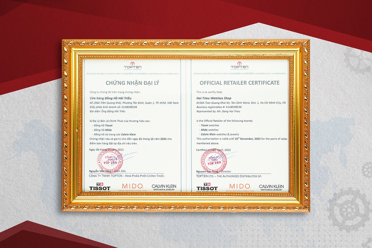 Chứng nhận bằng giấy: Được trưng bày minh bạch ở tủ của thương hiệu Tissot tại hệ thống các cửa hàng. Khách hàng dễ dàng thấy khi đến tham quan, mua sắm.